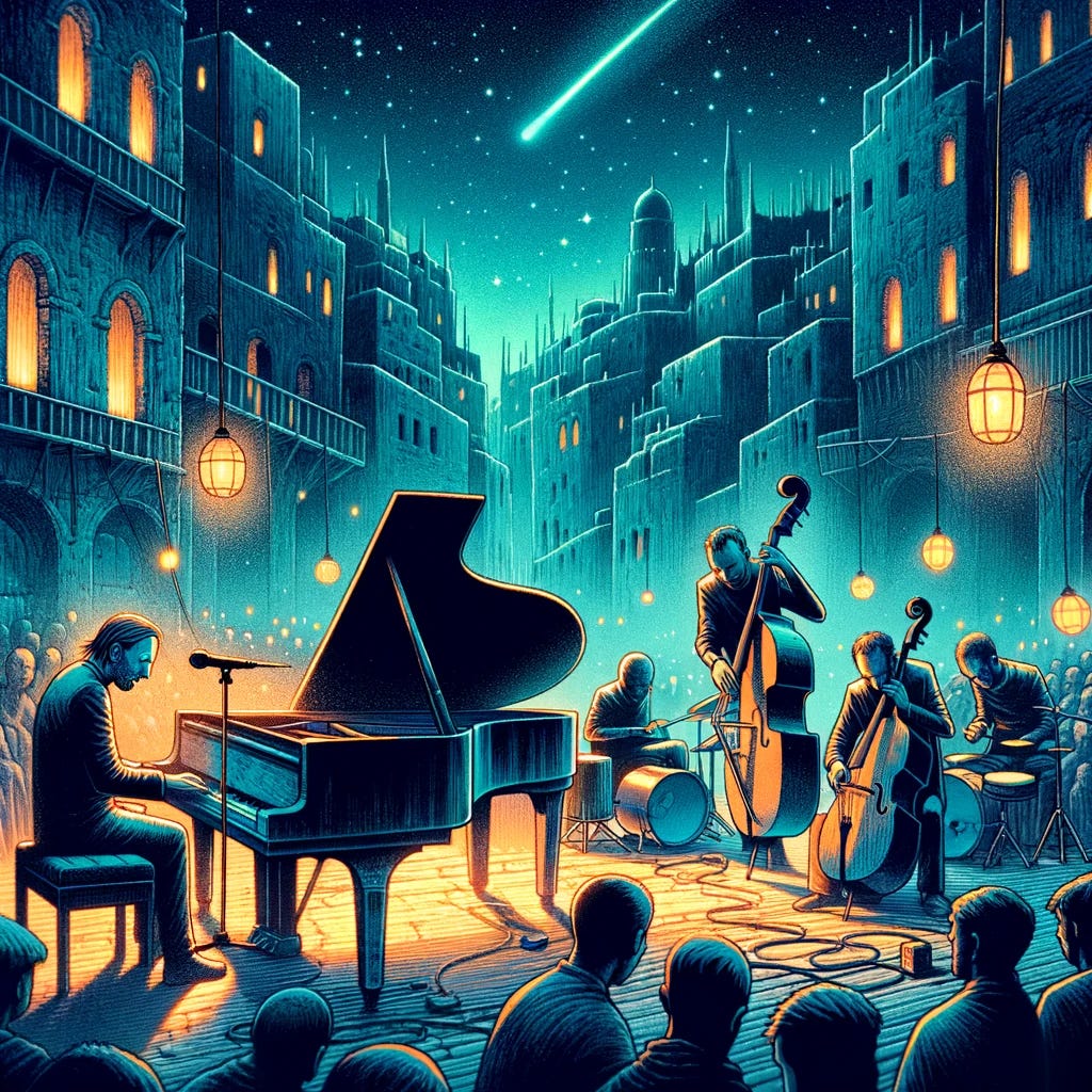 Illustrate a scene based on a vivid and atmospheric concert experience. Include a band resembling Radiohead hunched over their instruments on a makeshift stage inside an ancient city square surrounded by old buildings. Thom Yorke is at a grand piano, singing with eyes closed, while Colin Greenwood waits with a double bass. The scene is illuminated by butterscotch lamps and a cobalt sky above, with a single shooting star streaking across it. The setting is intimate, with the crowd holding their breath in awe as the music plays, encapsulating a moment of profound connection between the artists and their audience.