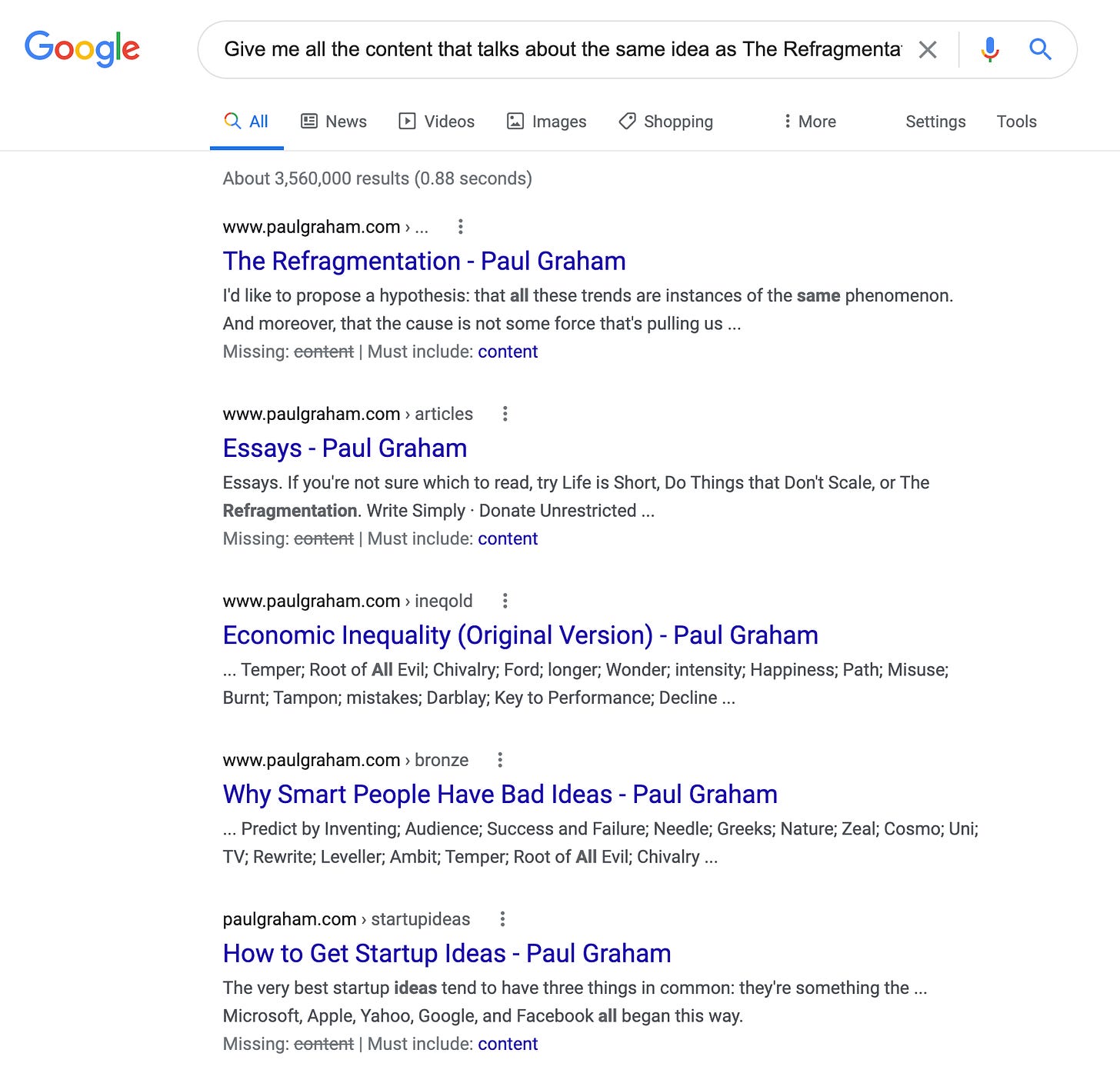 Google Query “Give me all the content that talks about the same idea as The Refragmentation by Paul Graham”