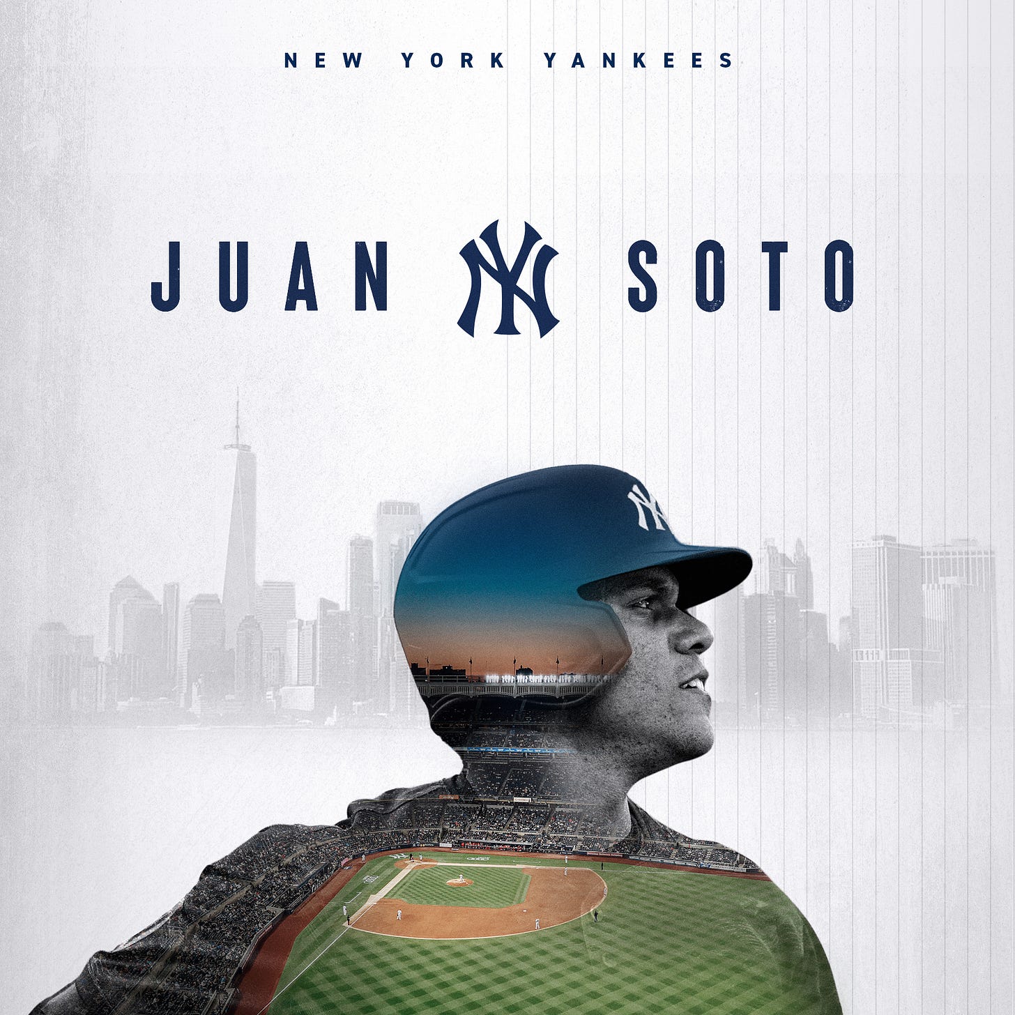New York Yankees - Juan Soto

Juan Soto with a photo of Yankee Stadium overlayed on his helmet and uniform. Black & white skyline of NYC in the background. 