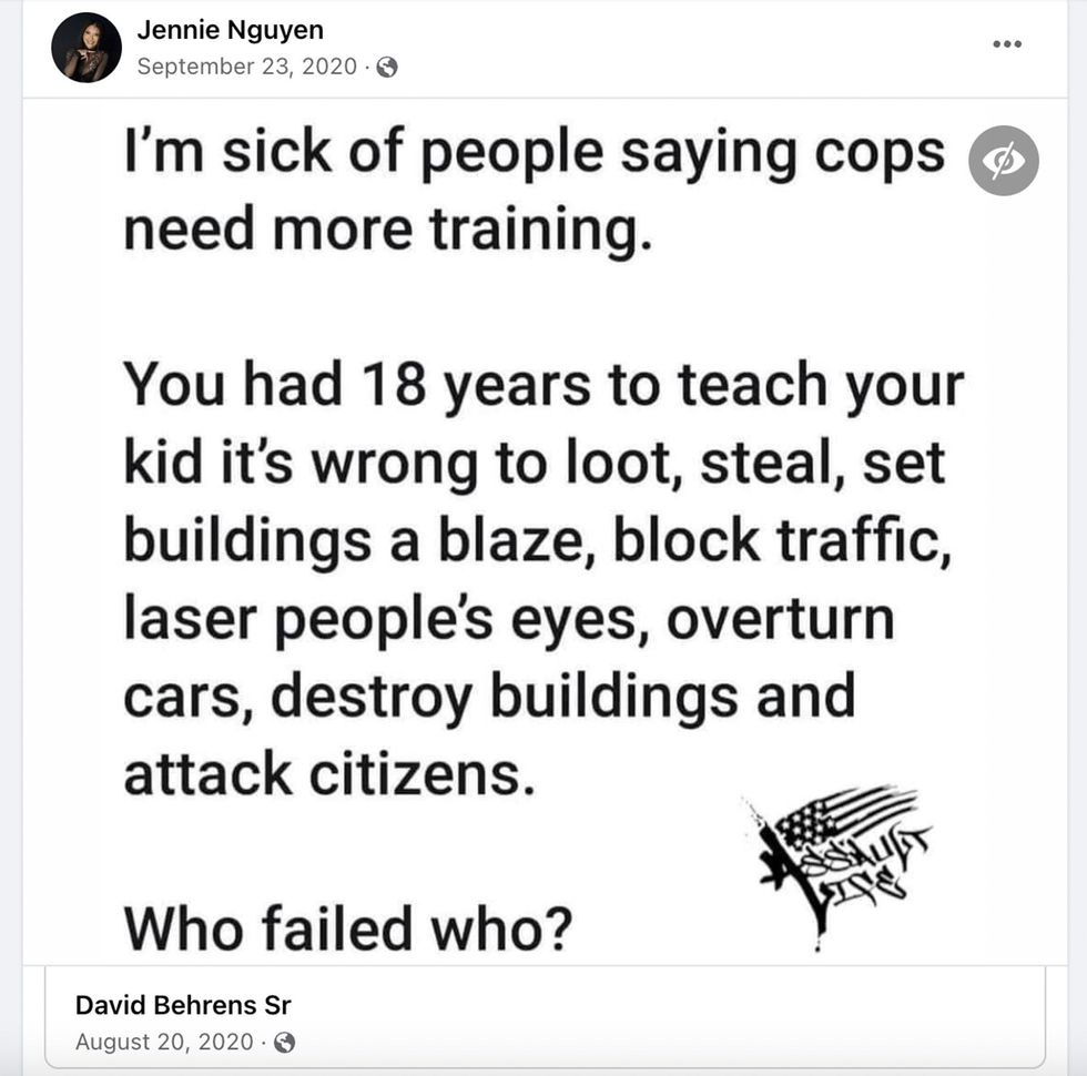  I'm sick of people saying cops need more training. You had 18 years to teach your kids it's wrong to loot, steal, set buildings ablaze, block traffic, laser people's eyes, overturn cars, destroy buildings and attack citizens. Who failed who?