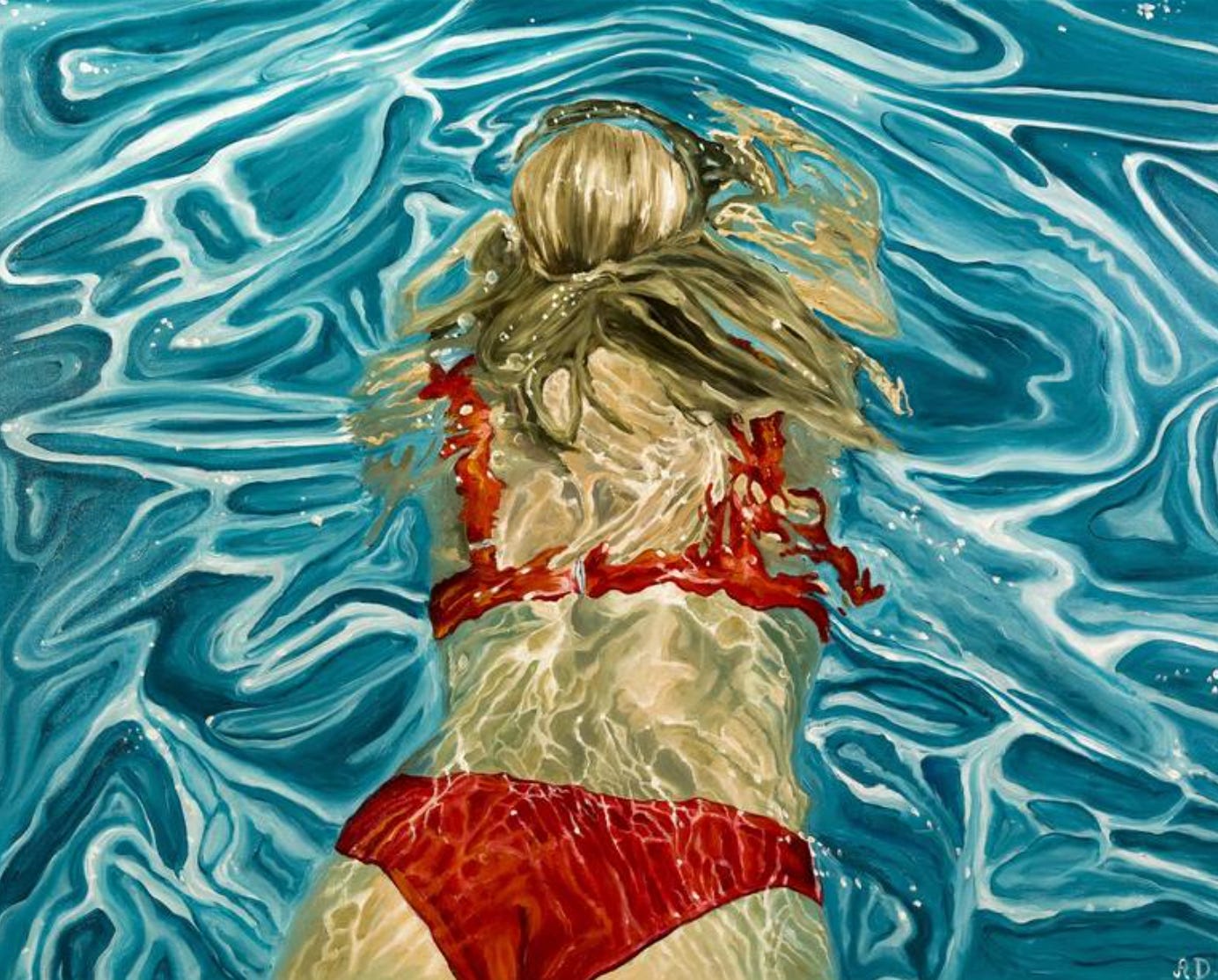 Pintura de uma piscina azul com a água em movimento, mulher loira de costas nadando usando um biquíni vermelho e os cabelos presos.