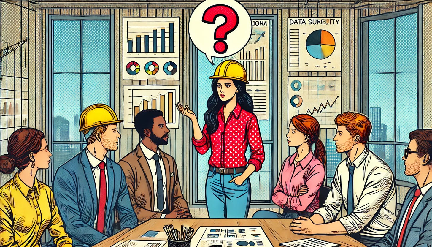 A young lady wearing a yellow safety helmet is talking to a diverse group of four people in an office. A big red question mark hovers over her head, indicating curiosity or uncertainty. The walls of the office are decorated with various data charts and graphs. The scene is illustrated in a vintage comic book style with bold black outlines, flat but vibrant colors, and high-contrast shading.