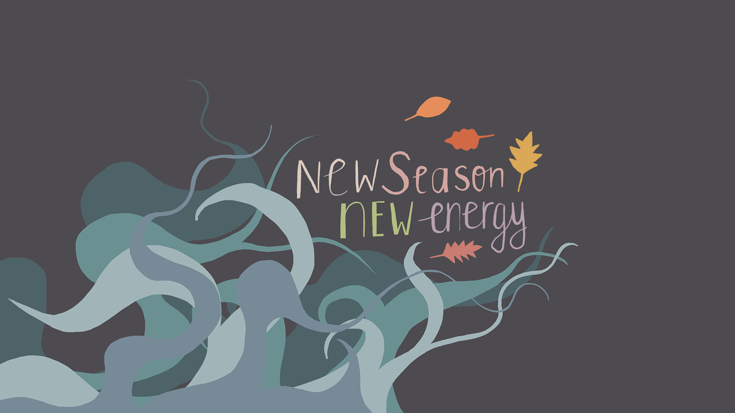 Post image showing  waves and autumn leaves and the words "New Season New Energy"