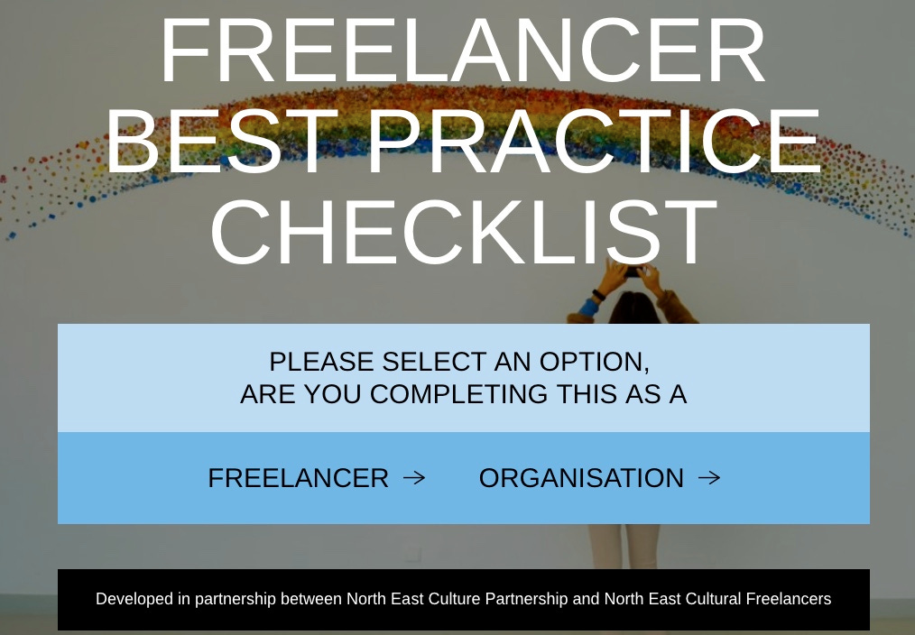 Freelancer Best Practice Checklist text - person with phone beneath a rainbow