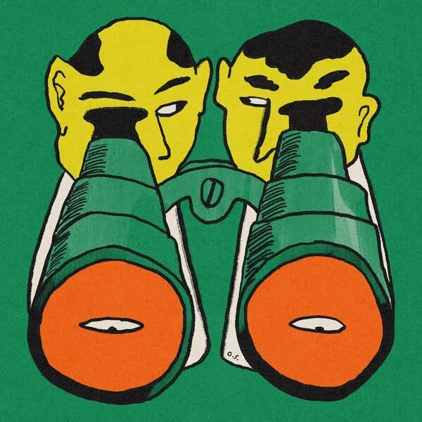 An illustration of two figures looking into the same pair of binoculars while squinting at each other.