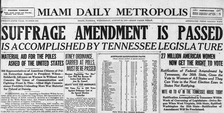 The headline in the Miami Daily Metropolis on August 18, 1920.