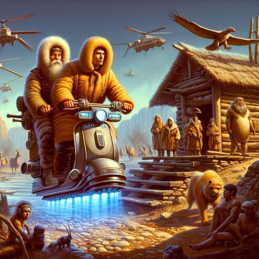 Two time-patrol men riding their time traveling scooter hovering above their Pleistocenic lodge with Cro-Magnon hunters dressed in parka looking at them sci fi magazine art