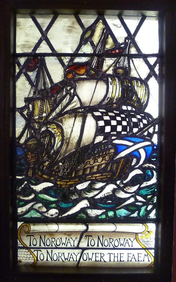 The Sir Patrick Spens window, 1930, by Charles Cameron Baillie. Abbot House, Dunfermline, Scotland. The ballad of Sir Patrick Spens has captivated artists, writers, and poets for centuries. (<a href="https://commons.wikimedia.org/wiki/User:Kim_Traynor">Kim Traynor</a>/<a href="https://creativecommons.org/licenses/by-sa/3.0/deed.en">CC BY-SA 3.0</a>) The Sir Patrick Spens window, 1930, by Charles Cameron Baillie. Abbot House, Dunfermline, Scotland. The ballad of Sir Patrick Spens has captivated artists, writers, and poets for centuries. (<a href="https://commons.wikimedia.org/wiki/User:Kim_Traynor">Kim Traynor</a>/<a href="https://creativecommons.org/licenses/by-sa/3.0/deed.en">CC BY-SA 3.0</a>)