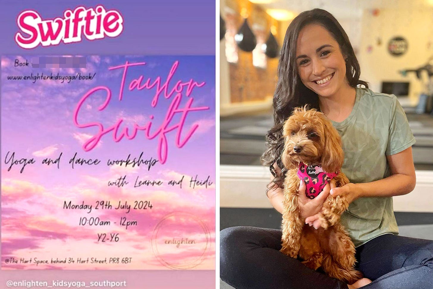 Taylor Swift-themed yoga and dance workshop flyer and instructor with dog.