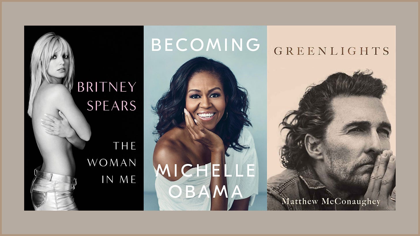 Book covers: 'The Woman in Me' by Britney Spears, 'Becoming' by Michelle Obama, 'Greenlights' by Matthew McConaughey. 