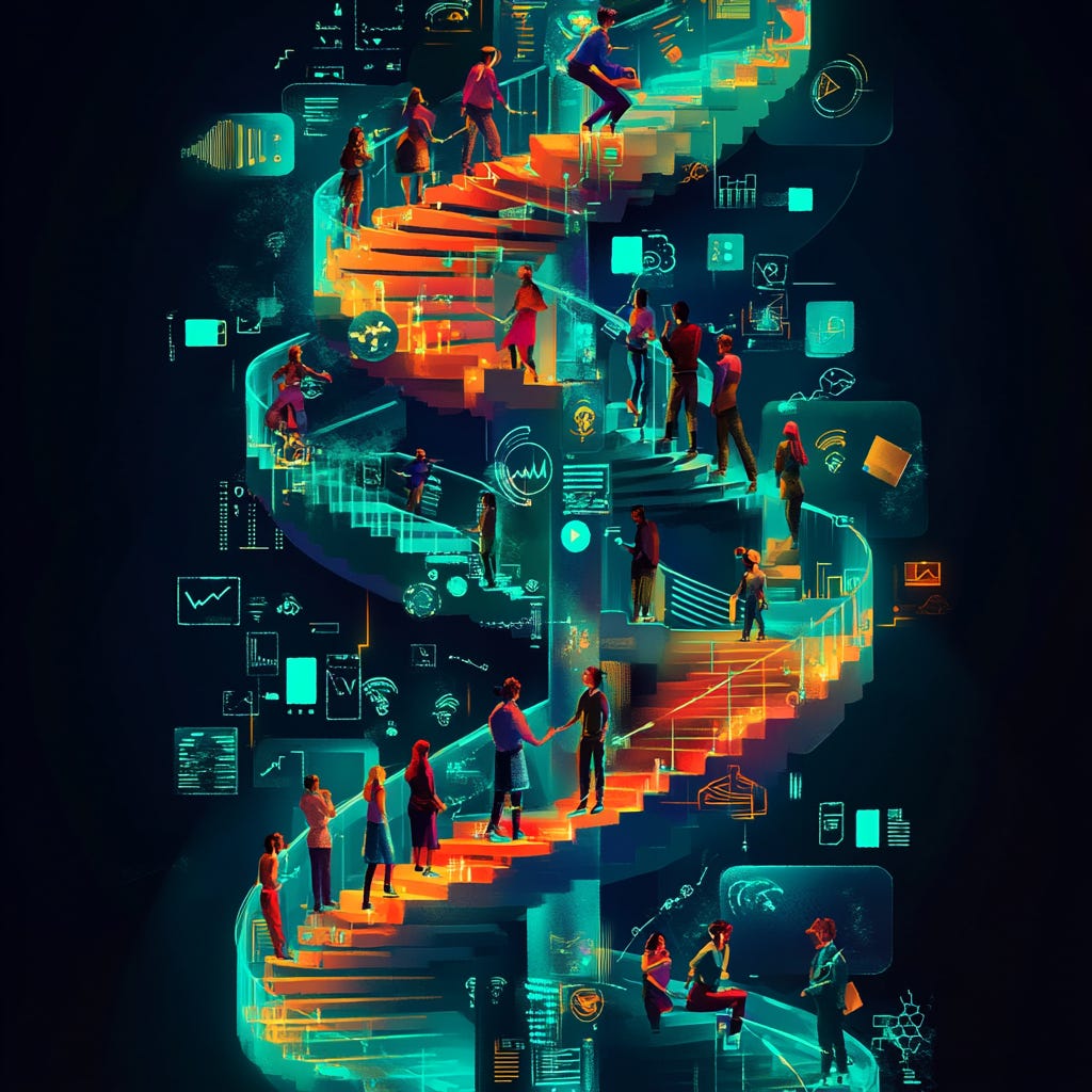 an illustration of A diverse group of professionals climbing a spiral staircase made of glowing digital skills icons