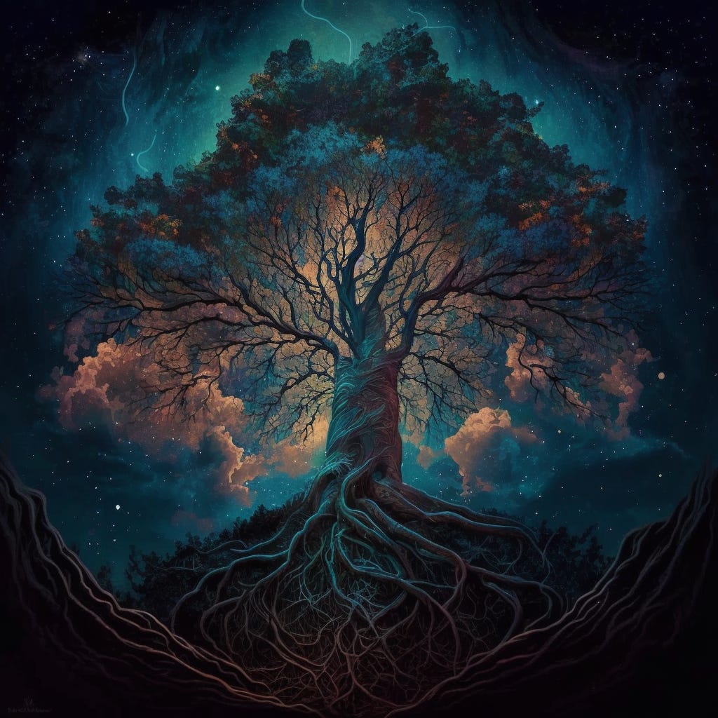 A massive tree with roots reaching deep into the depths of time and innumerable branches extending beyond the sky into the stars.