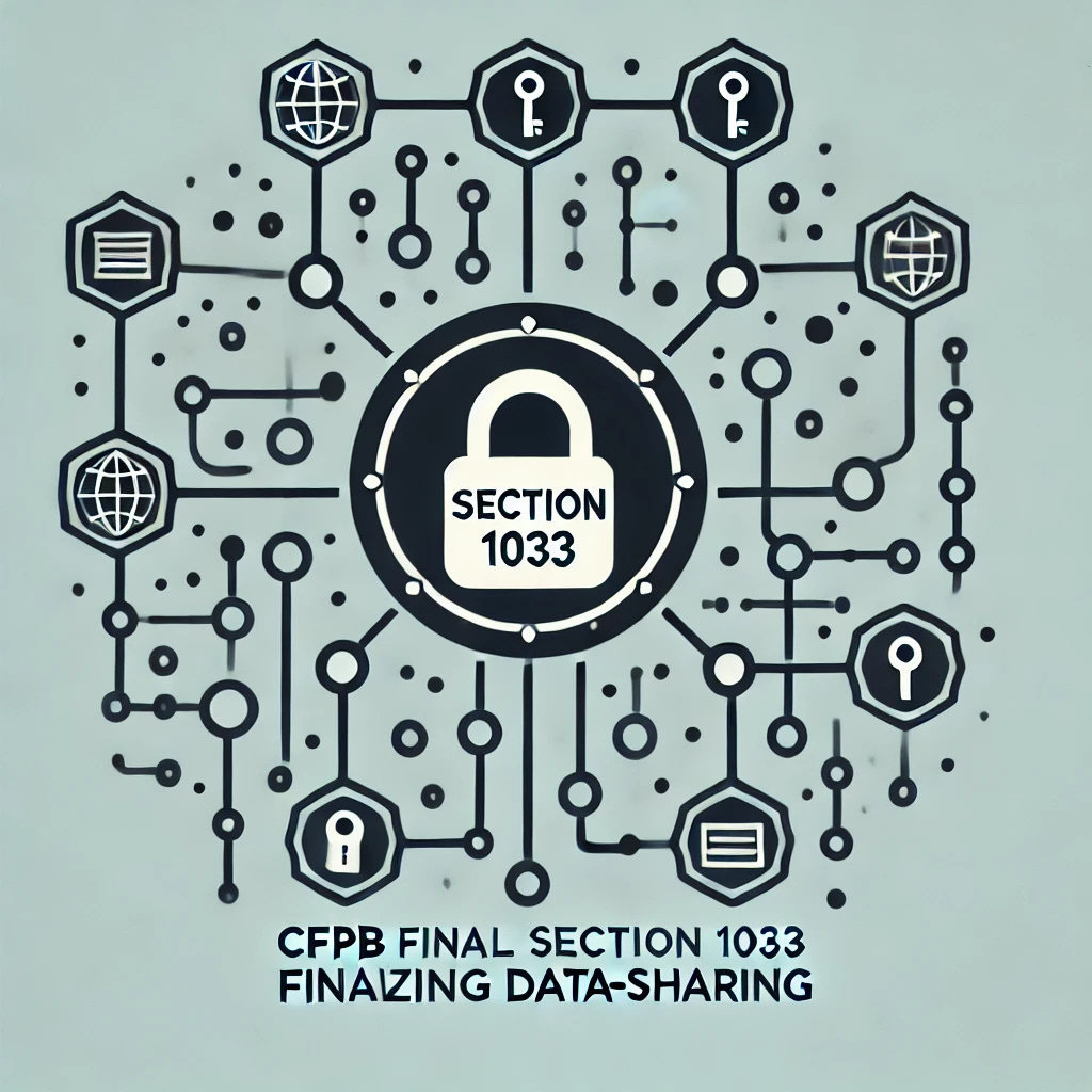 A minimalist graphic representing the CFPB finalizing Section 1033 on data-sharing, but showing the CFPB as a barrier rather than a facilitator. The image features a data network icon with interconnected nodes, and instead of a key symbol, there is a large lock, symbolizing restricted access. The design is clean and simple, focusing on the visual representation of the CFPB as a hindrance to data-sharing.