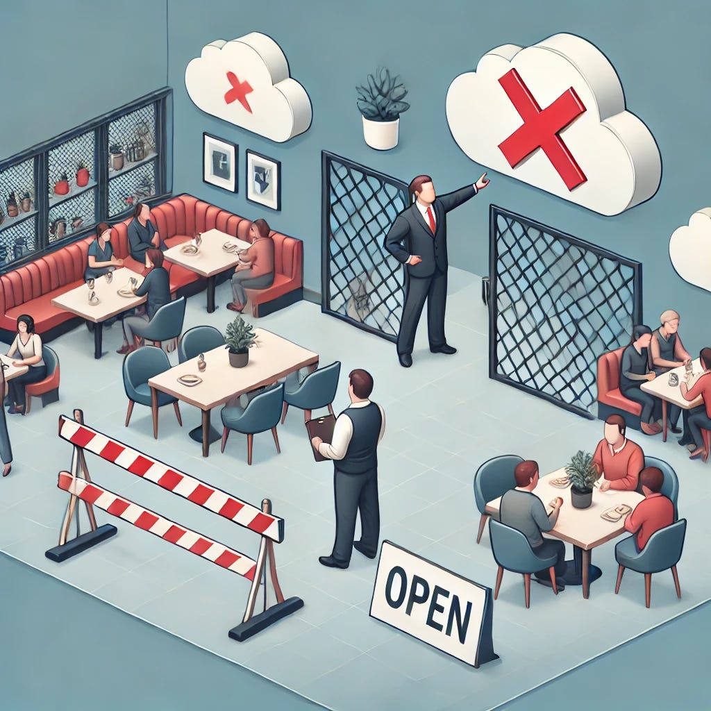 A scene in a restaurant where one section is temporarily closed with a barrier and a red cross, while another section remains open and busy. A manager is seen redirecting guests to the open section. Add small cloud symbols in the background to reinforce the tech analogy.