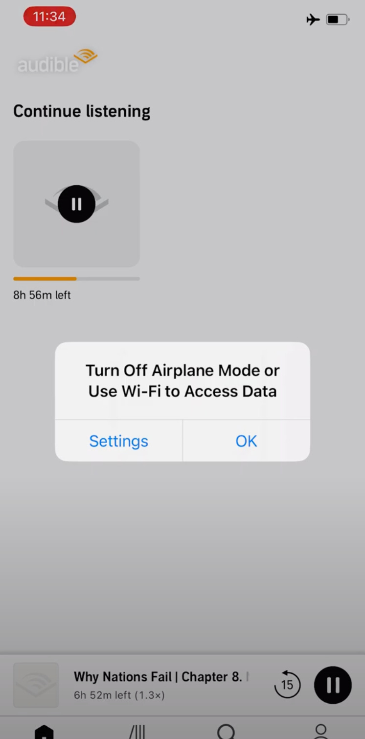 Screenshot of an iPhone displaying an alert to "Turn Off Airplane Mode or Use Wi-Fi to Access Data" while in airplane mode