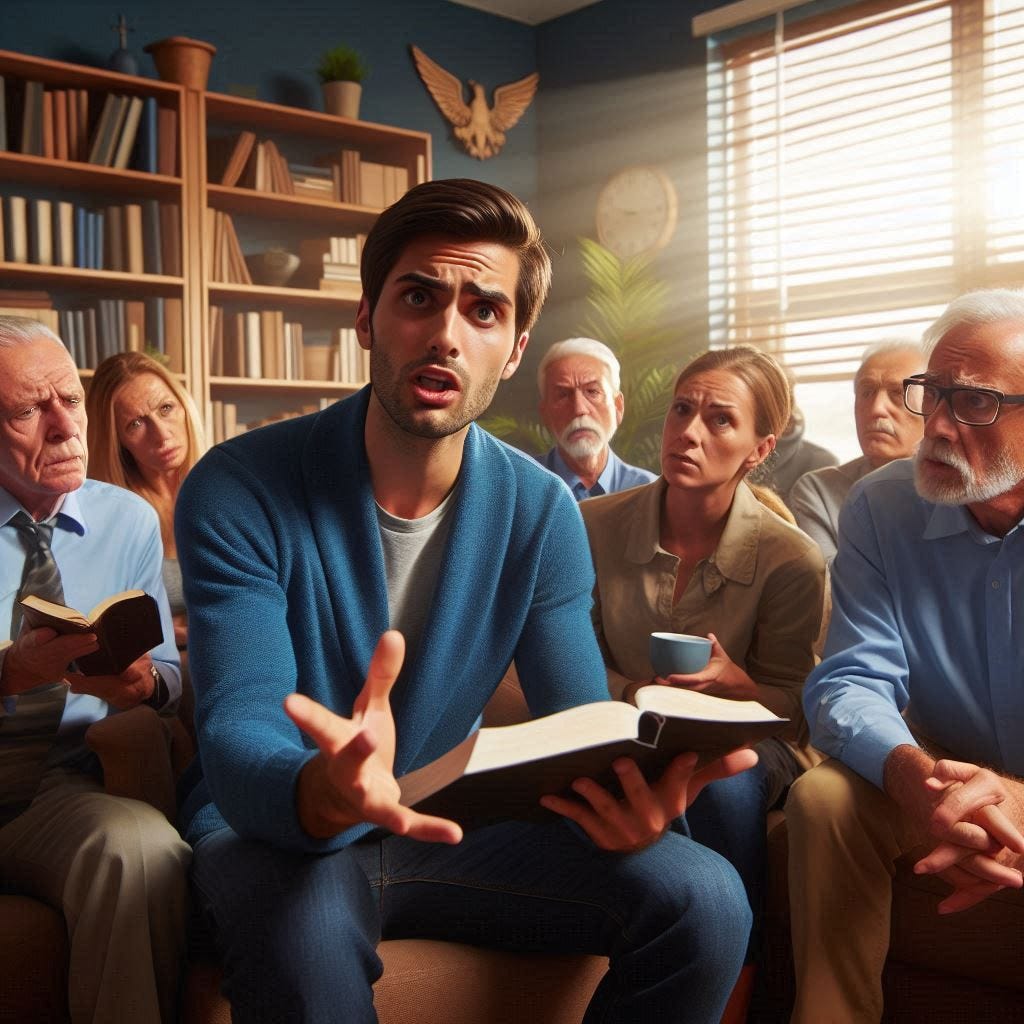 a man sitting in a Bible study telling everyone else that they are wrong
