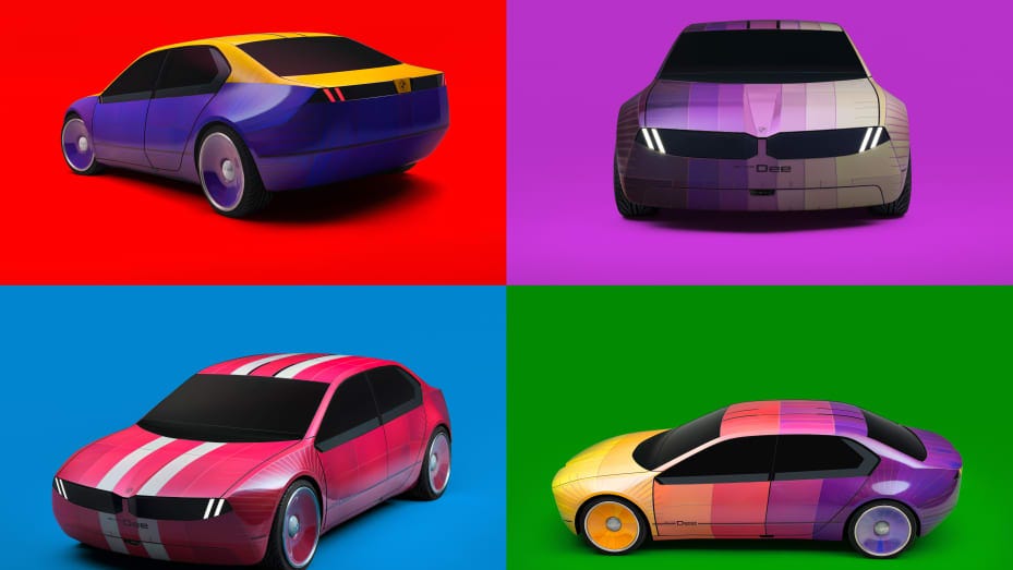 A photo composite shows some of the potential color combinations of the color-changing BMW i Vision Dee concept car.