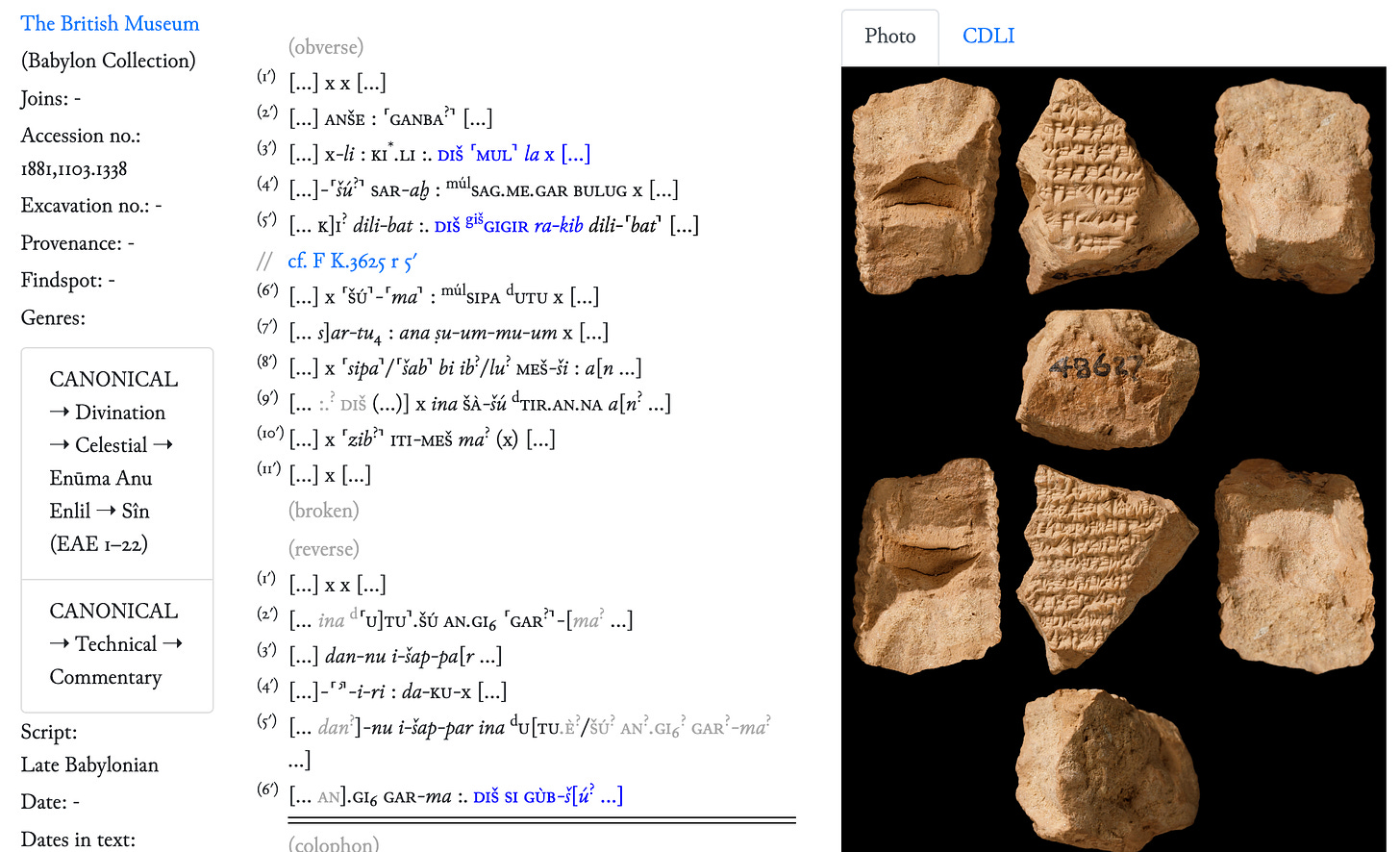 A screenshot of a page from the Fragmentarium. On the left is the phonetic pronunciation and the British Museum classification. On the right is pictures of the fragments in several chunks.