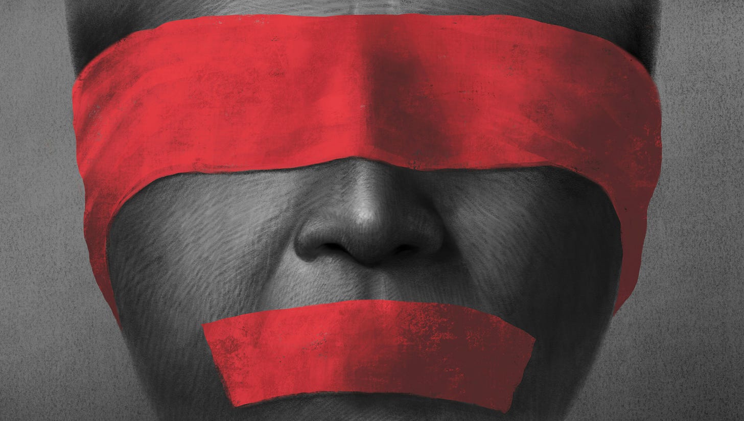 Close up photo a Black person's face with the eyes and mouth covered with red cloth