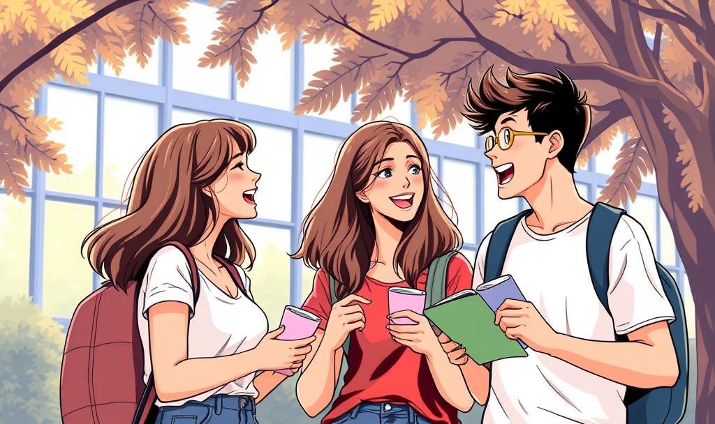 Three teenage students—two girls and one boy—laughing and chatting outdoors at their school.