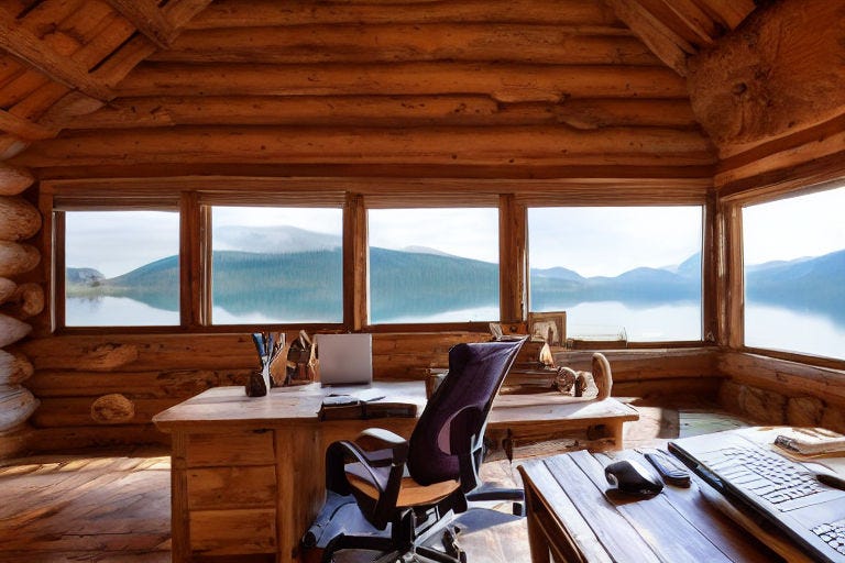 Prompt: Office in a cabin with a view of a lake and mountains in the distance, Environment: Rustic and cozy workspace in a wooden cabin with large windows overlooking a picturesque lake and mountains, Details: Wooden desk with laptop, notebook, and pen, comfortable wooden chair, bookshelf with books and decorative items, indoor plant on a wooden stand, Style: Rustic and natural, with wooden textures and earthy colors, Colors: Neutral and earthy tones such as brown, beige, and green, with pops of color from the indoor plant and decorative items, Lighting: Soft and warm lighting from lamps and natural light that enters through the large windows, creating a cozy and inviting atmosphere, Textures: Rough and natural textures of the wooden walls and floors, smooth and polished surfaces of the furniture, Effects: None, Perspective: A view from the side of the wooden desk, with the lake and mountains in the distance visible through the large windows, sharp focus, emitting diodes, smoke, artillery, sparks, racks, system unit, motherboard, by pascal blanche rutkowski repin artstation hyperrealism painting concept art of detailed character design matte painting, 4 k resolution blade runner