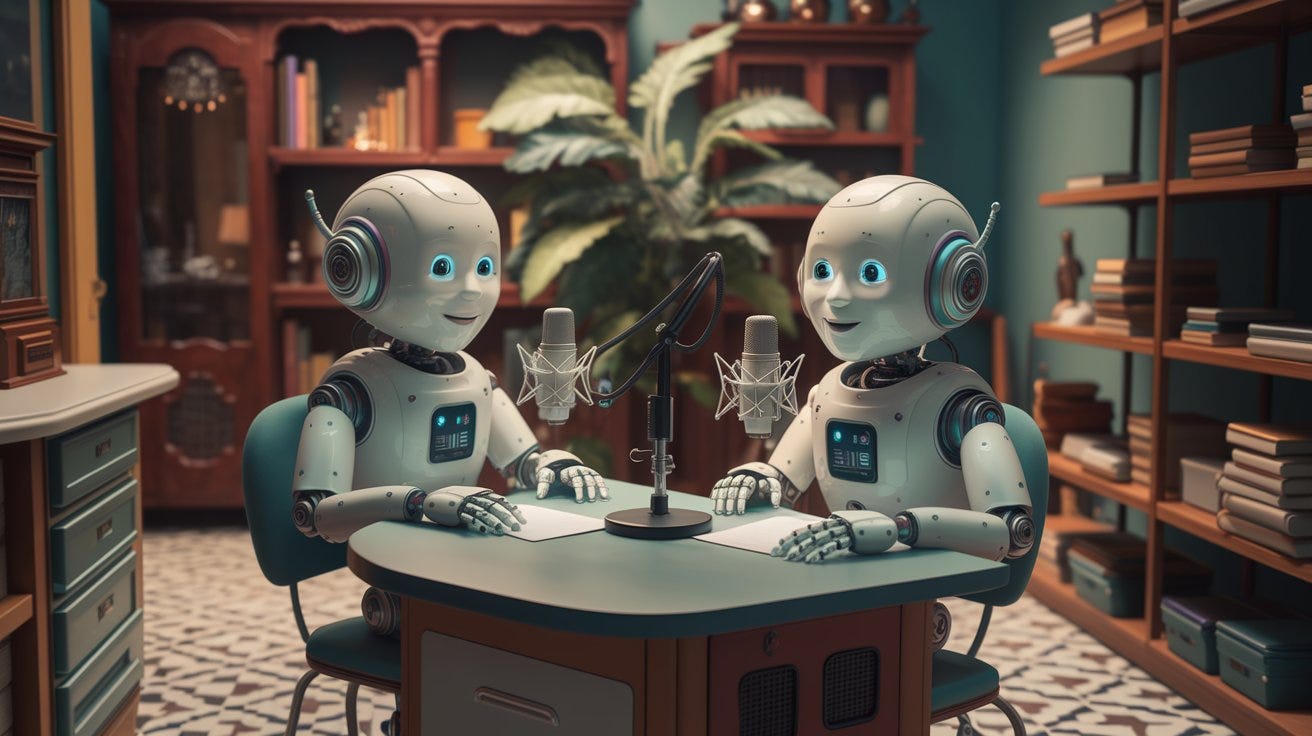 AI-generated image of two robots recording a podcast. Image created using Ideogram