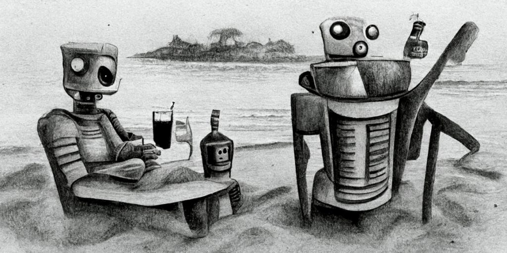 Desenho a lápis de 2 robôs curtindo as férias na praia, com direito a garrafas de conteúdo duvidoso. Imagem gerada por inteligência artificial.