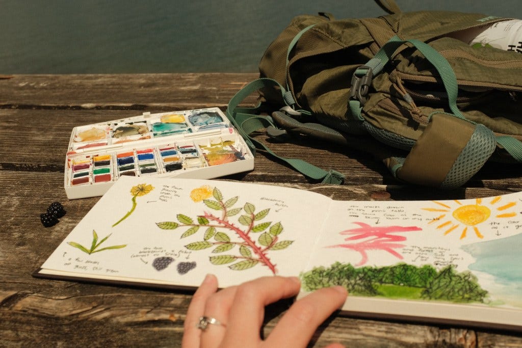  a hand resting on an art journal with a watercolor pallet and backpack in the background as they try to travel slow and spend more time in a place