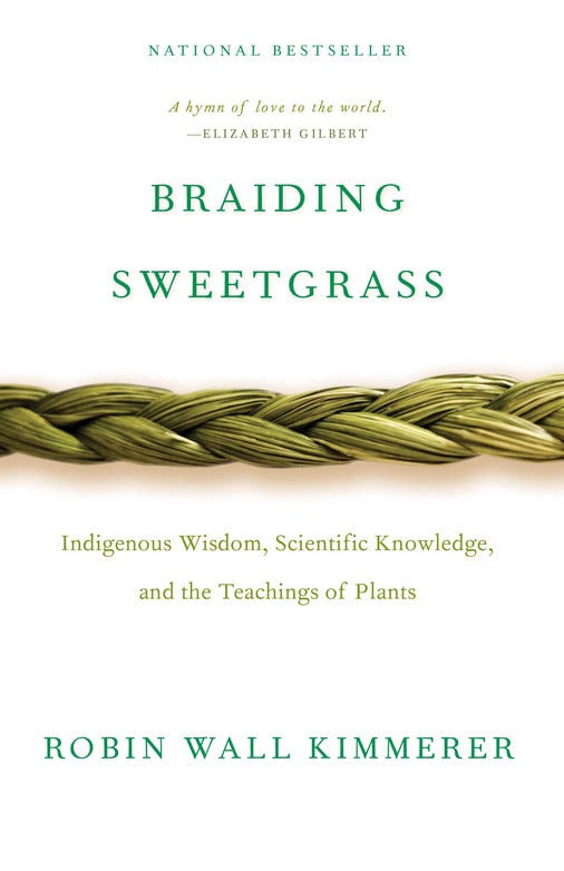 The cover of Braiding Sweetgrass, a white book with green lettering and a green braid of sweetgrass running horizontally across the cover.