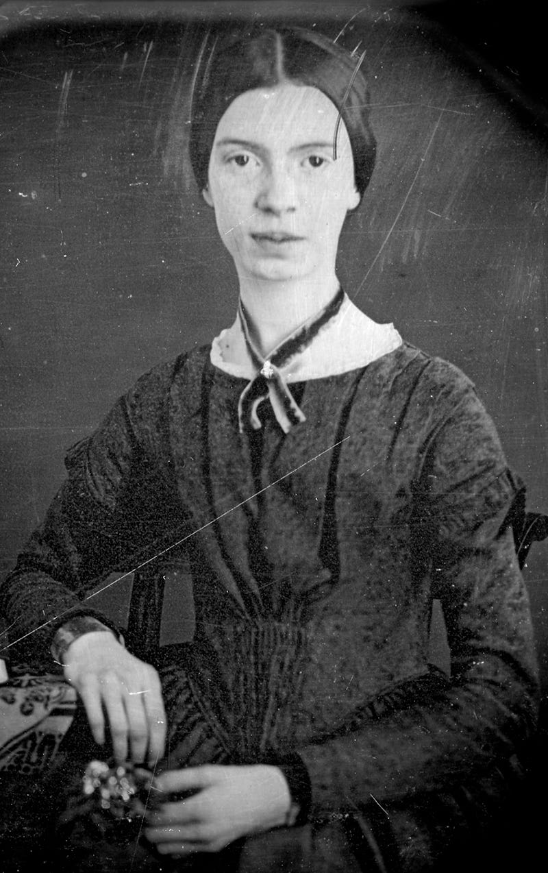 Emily Dickinson daguerreotype portrait, showing the poet wearing a black dress and a ribbon on her neck