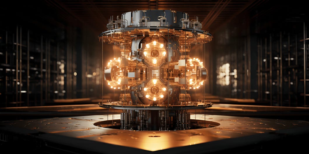 A futuristic depiction of advanced quantum computing architecture with illuminated components, symbolizing the synergy of quantum and AI technologies.