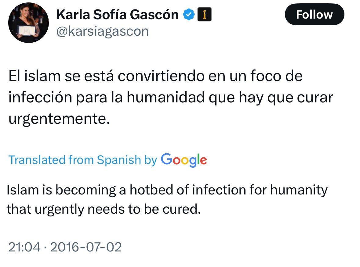 Translation of tweet from Spanish to English saying: Islam is becoming a hotbed of infection for humanity that urgently needs to be cured.