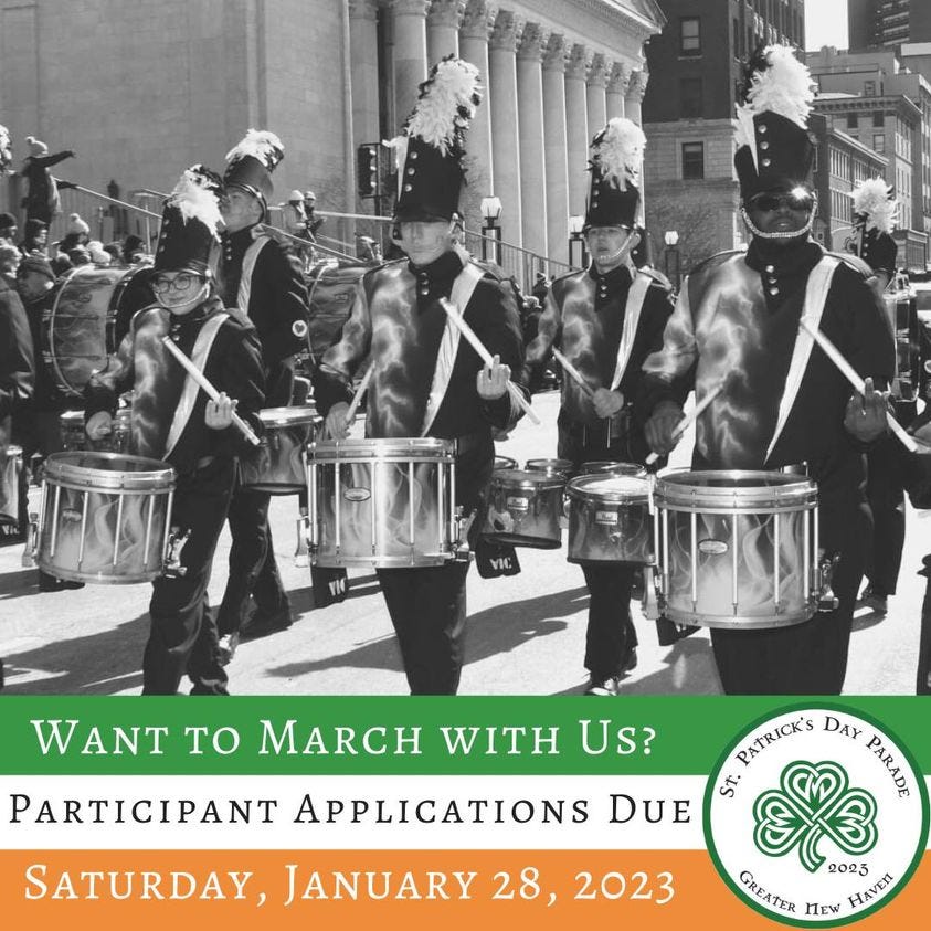 May be an image of 7 people, people standing, people playing musical instruments, outdoors and text that says 'WANT TO MARCH WITH Us? PARTICIPANT APPLICATIONS DUE SATURDAY, JANUARY 28, 2023 PATRICK'S DAY PARADE St. GREATER NEW 2023 HAVER'