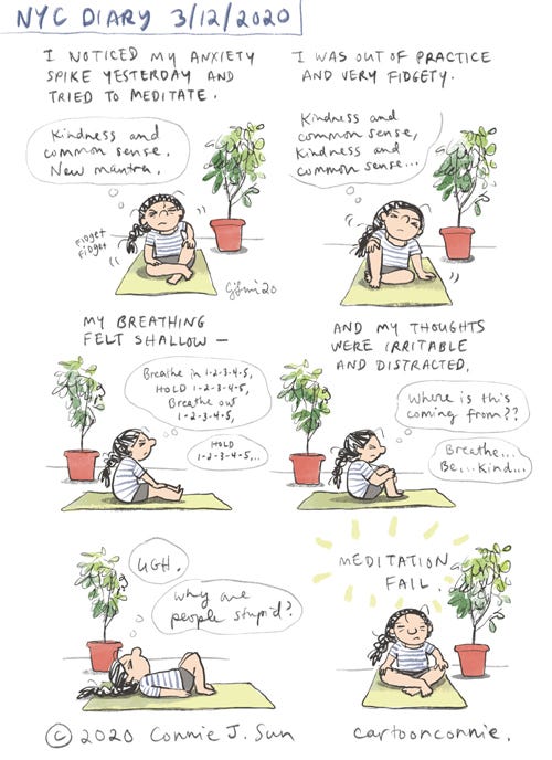 nyc sketchbook: meditation fail meditation, humor, anxiety relief, mindfulness, comics, illustration, cartoonconnie, connie sun, sketchbook, pandemic