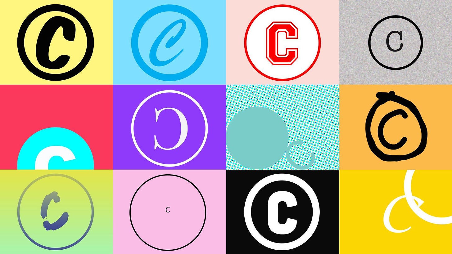 Illustration of copyright symbols in different styles and colors