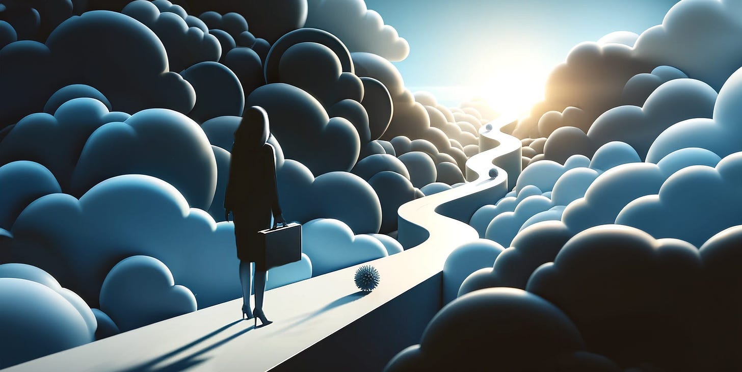 A 3D art of a woman’s silhouette, walking a twisted path and surrounded by clouds. Illustration created with AI