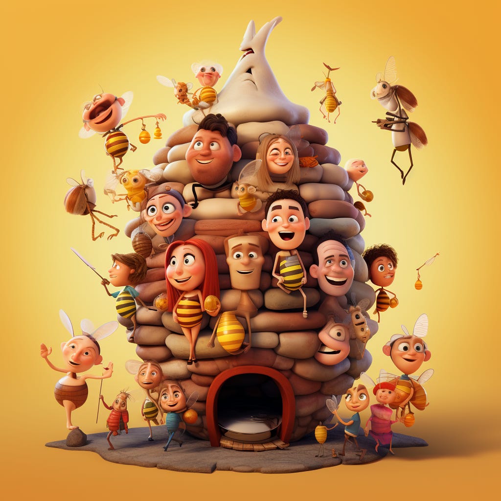 3D animated style beehive with many bee bodies with happy human heads