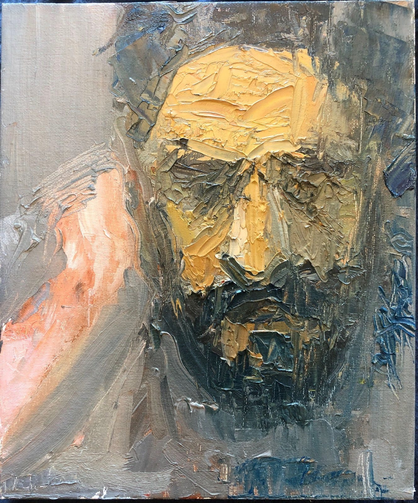Impressionist oil painting of the face of a weary, bearded man