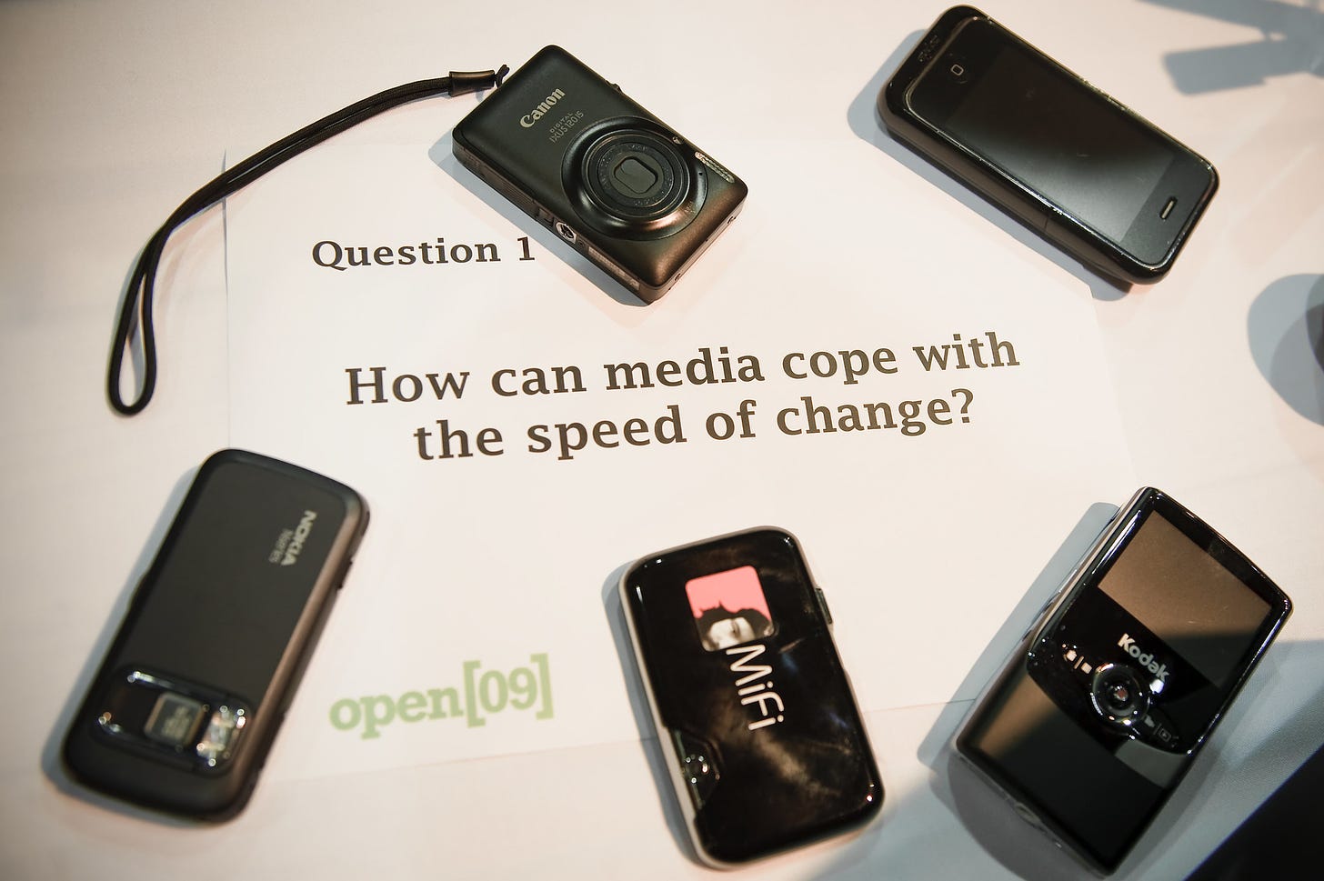 a table at a conference has a number of devices strewn across it. A flip camera, a mobile wireless hotspot, a compact camera and a Nokia and an early iPhone. On the table is written 'How can media cope with the speed of change.