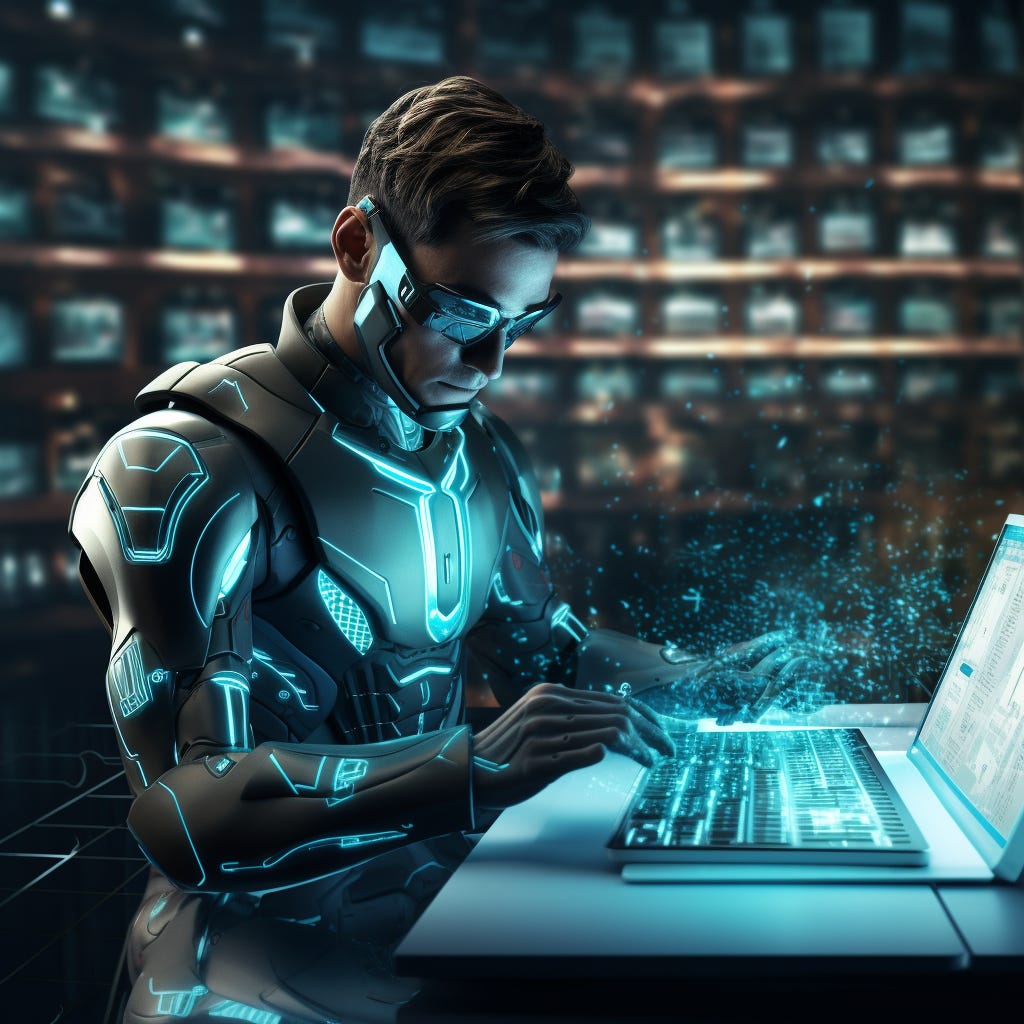 Young man in futuristic armour with glowing blue shapes sits at a bright blue laptop emitting glowing blue dust. A wall of monitors forms a blurry background