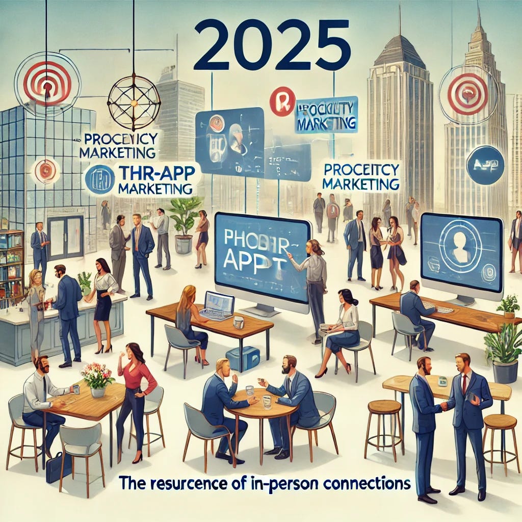 An engaging and professional illustration depicting the resurgence of in-person connections in 2025, featuring individuals at a networking event with a mix of hybrid elements such as virtual screens and mobile apps like Thr-app for proximity marketing. Show people collaborating in real-world settings like offices and conferences, with a subtle focus on tools that enhance face-to-face interactions. The setting should convey a modern and vibrant atmosphere.