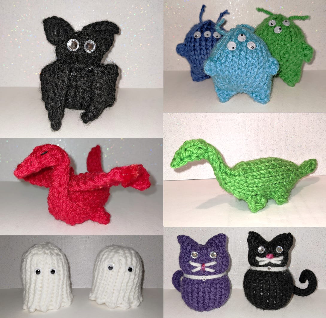 Image of knitted bats, cats, ghosts, dragons, loch ness monsters, and aliens