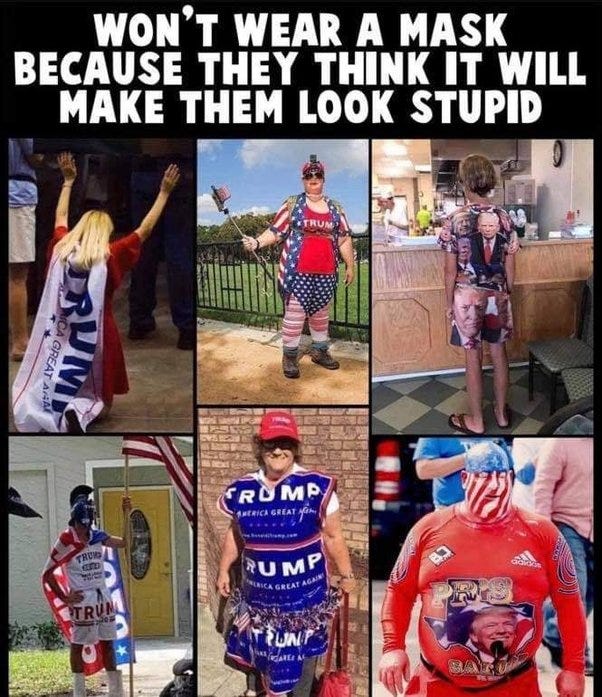 pictures of people dressed in ridiculous trump outfits, American flag diapers, etc. caption "Won't wear a mask because they think it will make them look stupid"