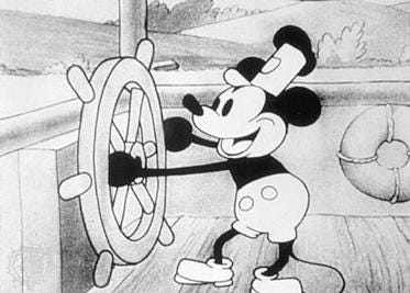 A still from Disney's Steamboat Willie featuring Mickey Mouse at the wheel of a boat