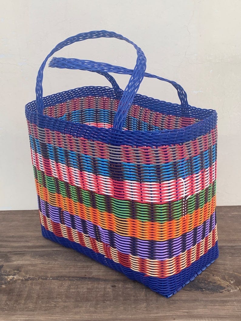 Woven Guatemalan Sky Blue Multi Colour Plastic Market Basket Strong Resistant Bag Bright Colors image 1