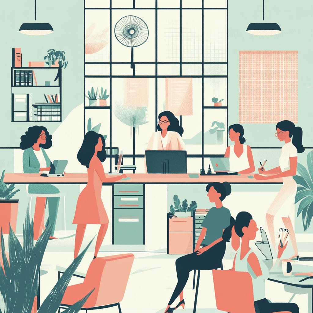 An illustration of diverse group of professional women in an office setting, with subtle visual representations of menopause support such as desk fans, comfortable seating, and a supportive atmosphere.