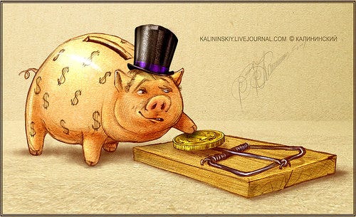 Cartoon piggy bank wearing top hat trying to take a coin that is bait in a mousetrap