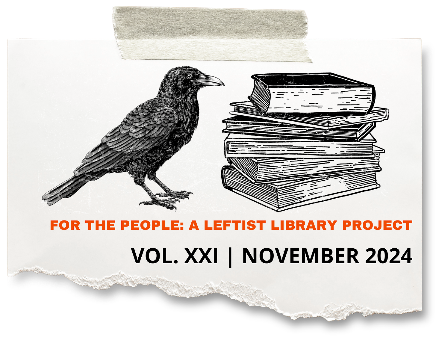 Libraries For the People newsletter header image.  A raven stares at a stack of books.