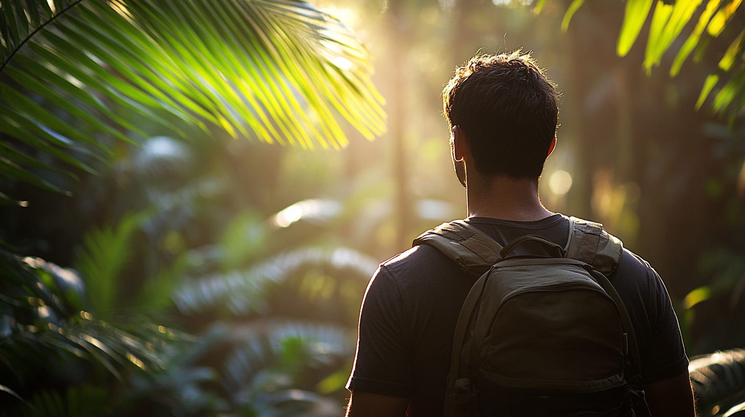 A man walking through the jungle.