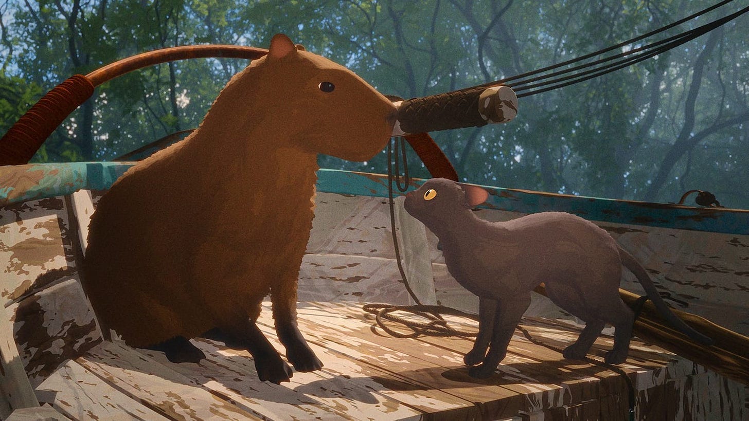 A shot of an animated capybara and cat looking at each other while sitting on a boat.